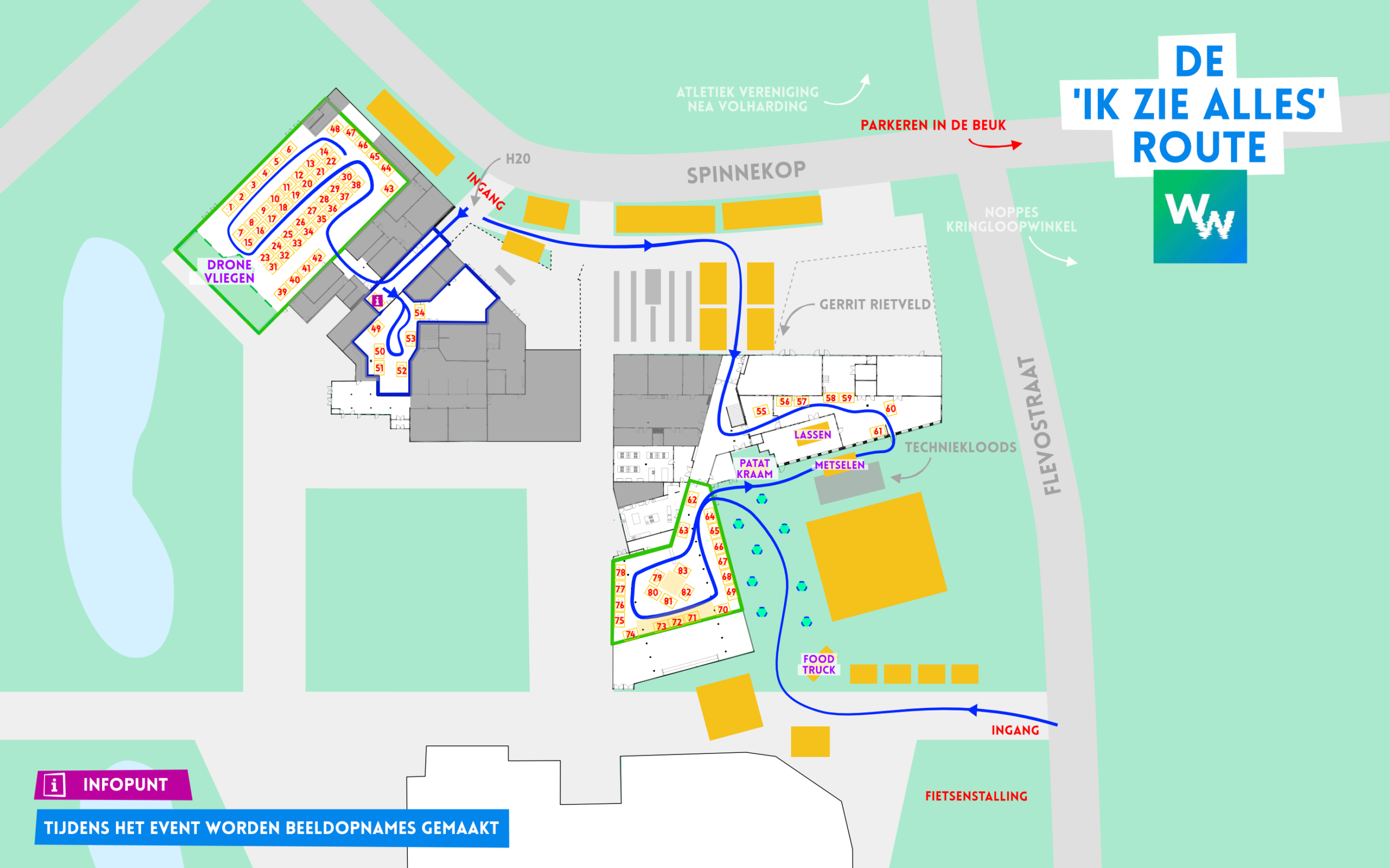Plattegrond 2026 met gemarkeerde standlocaties A, B en C.